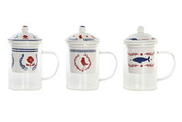 DKD Home Decor Blue red bird Taza para Infusiones de Porcelana y Cristal, 300ml, 8 x 14.5 x 12 cm (6 Unidades)