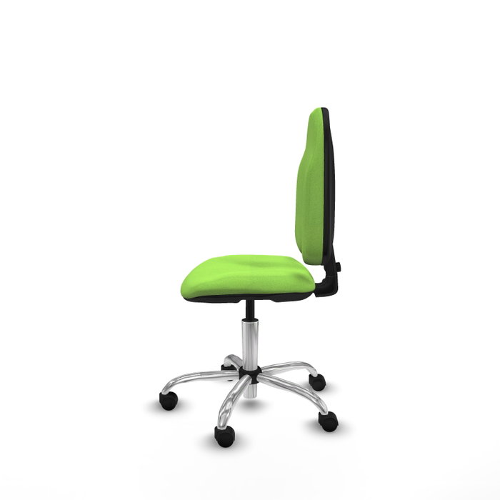 Silla de oficina Algarra con mecanismo Contacto permanente básico tapizada con Tela color Pistacho. Equipada con Base cromada, Sin brazos y Ruedas de nailon 50 mm