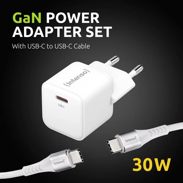 Intenso 7803042 Cargador GaN USB-C 30W Blanco - Carga Rápida, Cable USB-C a USB-C 1.5m Incluido, Universal, Enchufe EU Intenso 7803042 Cargador GaN USB-C 30W Blanco - Carga Rápida, Cable USB-C a USB-C 1.5m Incluido, Universal, Enchufe EU