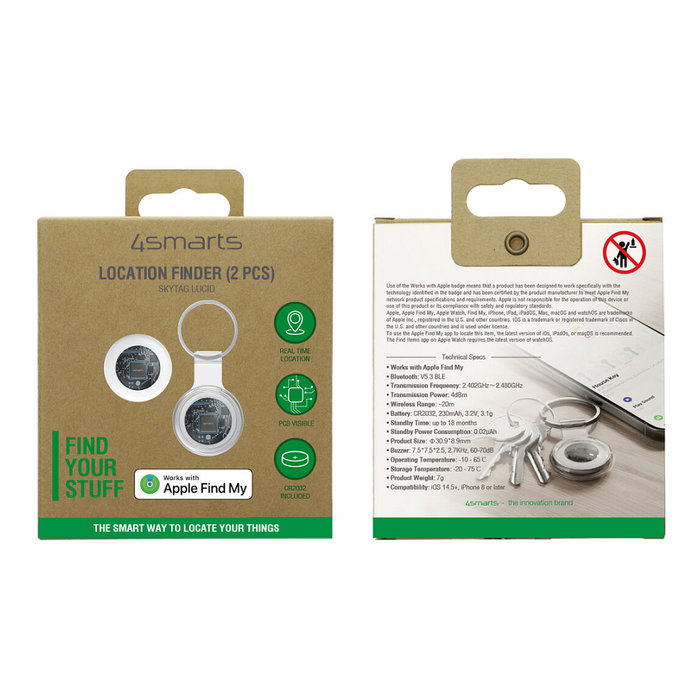 4smarts Buscador de Localización SkyTag Lucid, Set de 2, Blanco, Resistente al Agua y Polvo IP65, Bluetooth 5.3, Batería CR2032 Reemplazable, Compatible con iOS