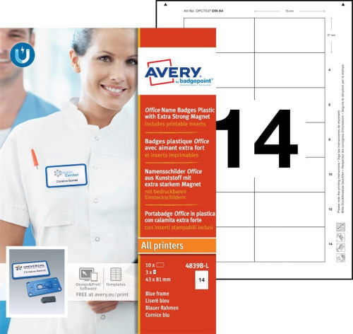 Avery 4839B-L Caja 10 Portanombres Placa Identificativa Azul Con Imán Extra Fuerte 37x75 mm