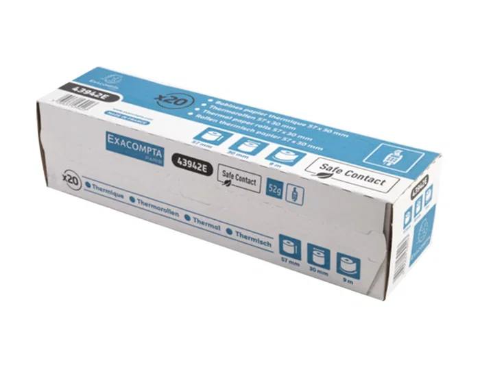 Exacompta Rollo Térmico Safe Contact 57 mm x 30 mm, 52 g/m² para TPV/Tarjetas Visa, Papel Reciclable sin BPA ni Fenol, Impresión Duradera 35 Años, Certificado FSC