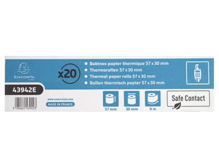 Exacompta Rollo Térmico Safe Contact 57 mm x 30 mm, 52 g/m² para TPV/Tarjetas Visa, Papel Reciclable sin BPA ni Fenol, Impresión Duradera 35 Años, Certificado FSC