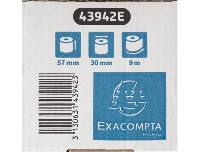 Exacompta Rollo Térmico Safe Contact 57 mm x 30 mm, 52 g/m² para TPV/Tarjetas Visa, Papel Reciclable sin BPA ni Fenol, Impresión Duradera 35 Años, Certificado FSC