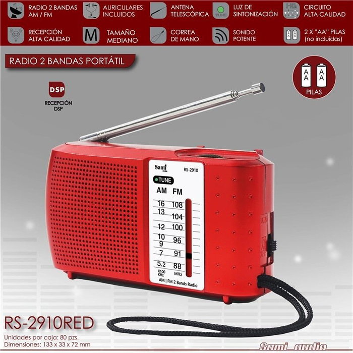 SAMI Radio 2 Bandas (AM/FM) con Auriculares, Horizontal, Color Rojo