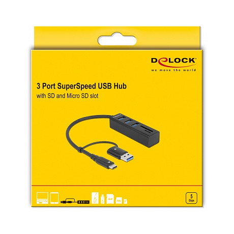 DeLOCK Concentrador USB 3.2 Gen 1 Hub 3 Puertos + Lector de Tarjetas SD y MicroSD con Conector USB Tipo-C o Tipo-A, compatible con Windows, Mac, ChromeOS DeLOCK Concentrador USB 3.2 Gen 1 Hub 3 Puertos + Lector de Tarjetas SD y MicroSD con Conector USB Tipo-C o Tipo-A, compatible con Windows, Mac, ChromeOS