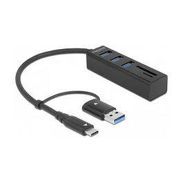 DeLOCK Concentrador USB 3.2 Gen 1 Hub 3 Puertos + Lector de Tarjetas SD y MicroSD con Conector USB Tipo-C o Tipo-A, compatible con Windows, Mac, ChromeOS