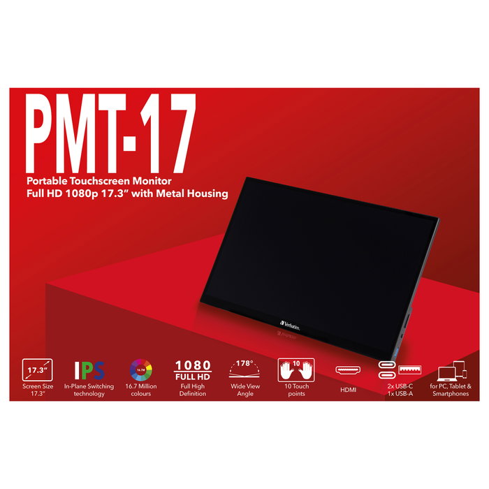 Verbatim PMT-17 Monitor Portátil Táctil de 17.3 Pulgadas Full HD 1080p IPS, Pantalla Plana, 60 Hz, USB-C, HDMI, Negro Verbatim PMT-17 Monitor Portátil Táctil de 17.3 Pulgadas Full HD 1080p IPS, Pantalla Plana, 60 Hz, USB-C, HDMI, Negro