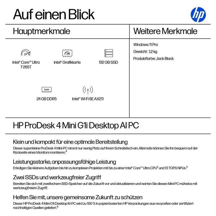 HP ProDesk 4 Mini G1i CU7-265T 24GB 512GB SSD W11Pro WLAN