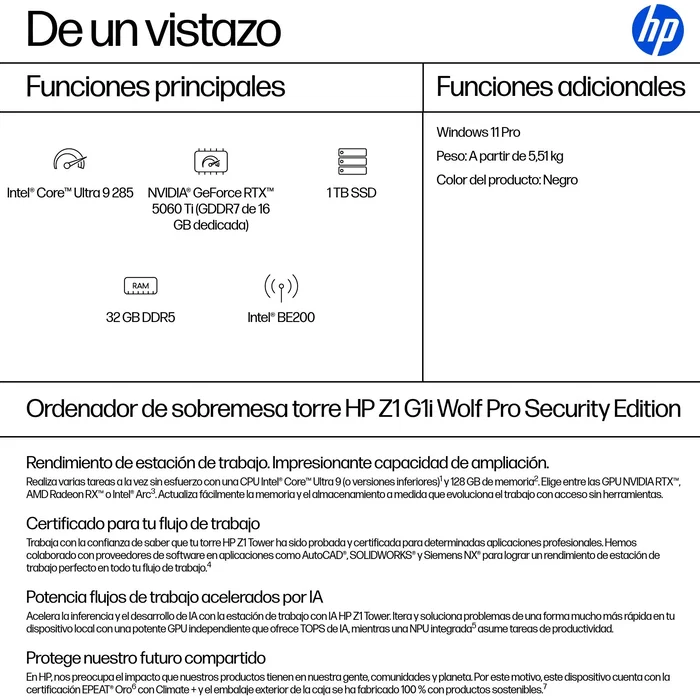HP Z1 G1i Workstation Intel Core Ultra 9, 32GB RAM, 1TB SSD, RTX 5060 Ti, Negro