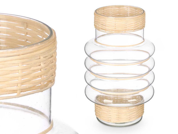 Giftdecor Portavela Aros Vidrio Rattan Transparente Natural 18 cm x 30 cm x 18 cm (Set de 6)