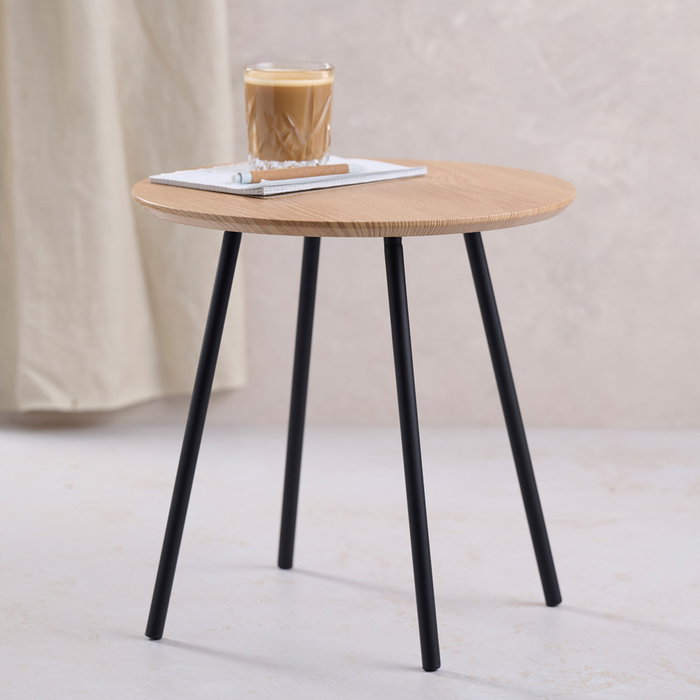 Day Mesa auxiliar redonda Day, mesa de centro o apoyo, MDF con PVC certificado FSC y patas de metal negro mate, diámetro 40 cm altura 40 cm