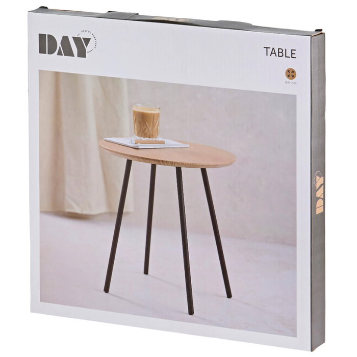 Day Mesa auxiliar redonda Day, mesa de centro o apoyo, MDF con PVC certificado FSC y patas de metal negro mate, diámetro 40 cm altura 40 cm