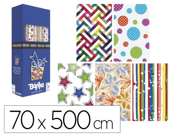Basika Papel de Regalo Todo Año, Rollo Ancho 70 cm x 5 m, Diseños Surtidos, 50 g/m² Basika Papel de Regalo Todo Año, Rollo Ancho 70 cm x 5 m, Diseños Surtidos, 50 g/m²