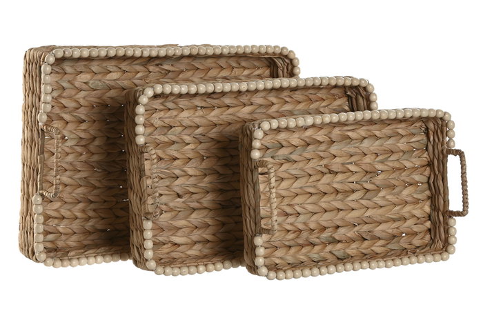 DKD Home Decor Set de Bandejas Jacinto de Agua y Madera Natural 45x33x12 cm