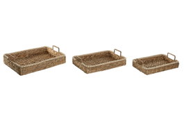 DKD Home Decor Set de Bandejas Jacinto de Agua y Madera Natural 45x33x12 cm