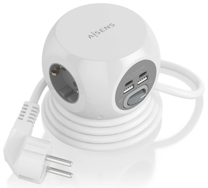 Aisens Regleta de Sobremesa Multifunción ASPS-2A2C04-W con 3 Tomas y 4 USB, Blanco