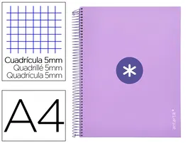 Antartik Cuaderno espiral A4 micro tapa forrada 120 hojas 90 gr cuadro 5mm 5 bandas color lavanda