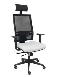 Silla de oficina Horna con mecanismo Sincro/Traslack tapizada con Tela color Blanco y malla color Negro. Equipada con lumbar 1D, Brazos 1D, Cabecero Fijo y Ruedas de parqué