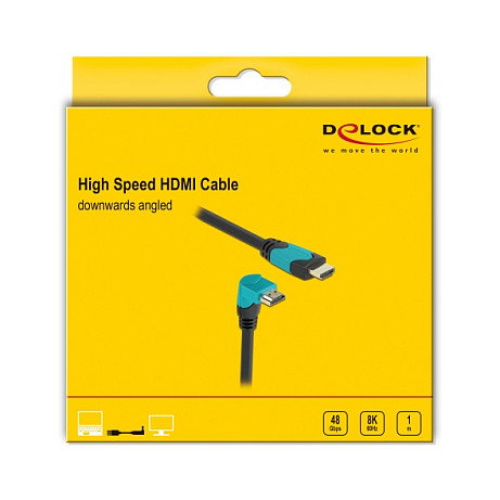DeLOCK Cable HDMI High Speed 48 Gbps 8K 60 Hz con conector 90° hacia abajo, 1 m