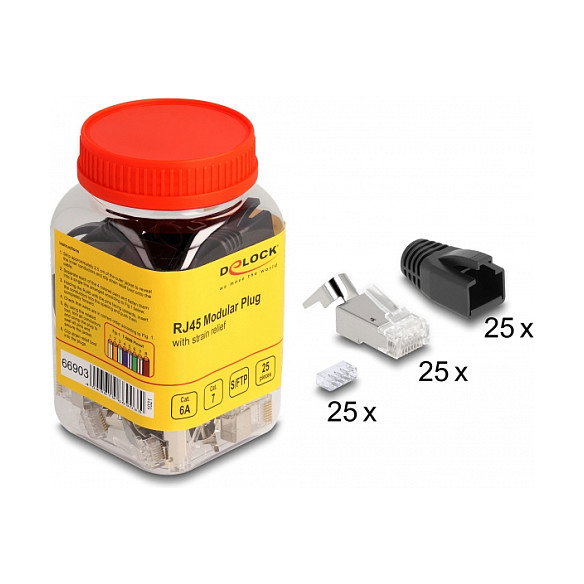 DeLOCK Juego de 25 Conectores Modulares RJ45 con Alivio de Tensión y Botas de Protección Cat.6A/Cat.7 DeLOCK Juego de 25 Conectores Modulares RJ45 con Alivio de Tensión y Botas de Protección Cat.6A/Cat.7