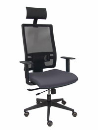 Silla de oficina Horna con mecanismo Sincro/Traslack tapizada con Tela color Gris oscuro y malla color Negro. Equipada con lumbar 1D, Brazos 1D, Cabecero Fijo y Ruedas de parqué
