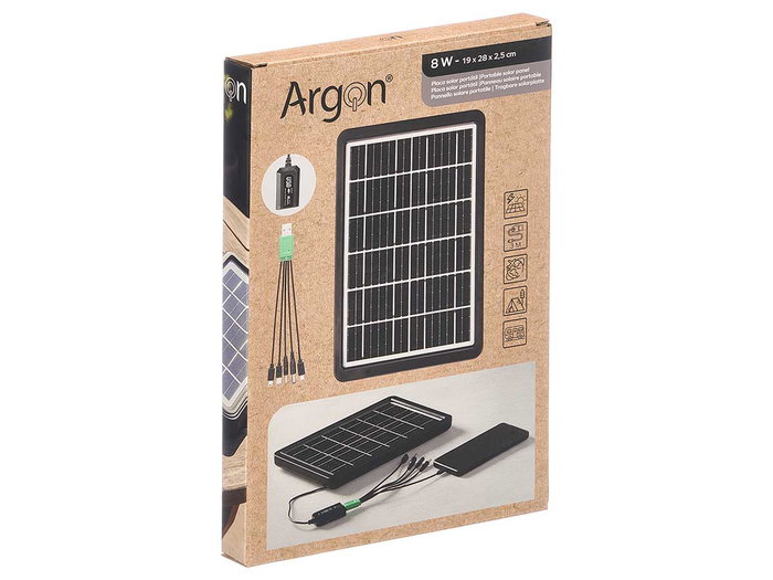 Argon Placa Solar Portátil 8W USB, Panel Monocristalino Portátil de 8 Vatios, Dimensiones: 28 x 19 x 2.5 cm, Color Negro, Material Plástico PP (Set de 6)
