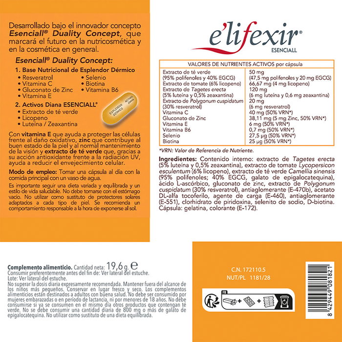 E'LIFEXIR ESENCIALL piel canela Cápsulas 80 u | Protección UV y Antienvejecimiento Celular con Vitaminas y Antioxidantes