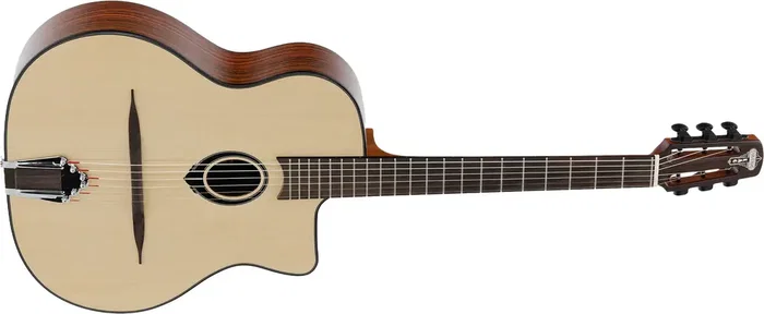 LAG Guitarra Acústica Gypsy Swing SL-200 Natural - Tapa de Abeto Macizo, Boca Pequeña, Incluye Funda - Ideal para Jazz Gitano
