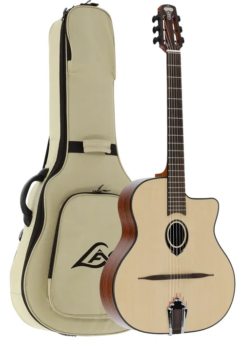 LAG Guitarra Acústica Gypsy Swing SL-200 Natural - Tapa de Abeto Macizo, Boca Pequeña, Incluye Funda - Ideal para Jazz Gitano