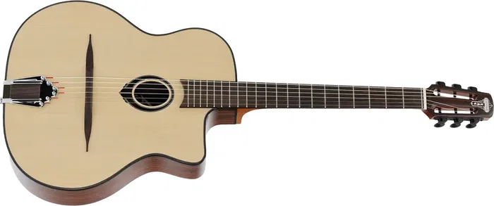 LAG Guitarra Acústica Gypsy Swing SL-200 Natural - Tapa de Abeto Macizo, Boca Pequeña, Incluye Funda - Ideal para Jazz Gitano
