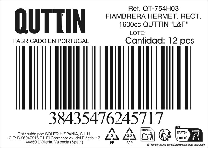 Quttin Fiambrera Hermética Rectangular 1600 cc 15x10x18 cm (12 Unidades)