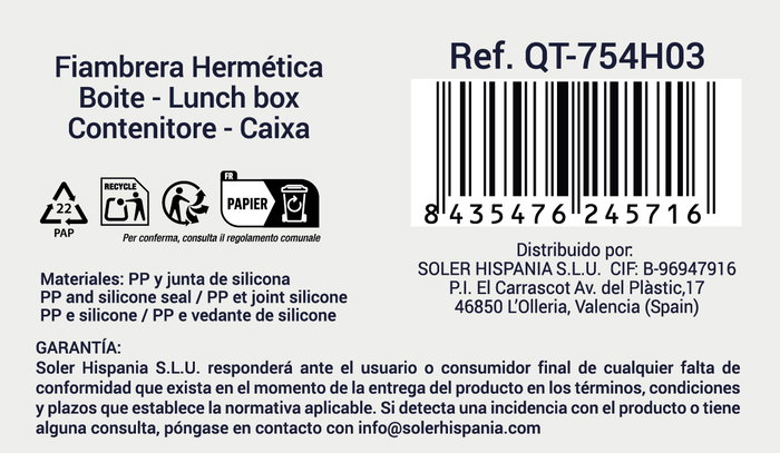 Quttin Fiambrera Hermética Rectangular 1600 cc 15x10x18 cm (12 Unidades)