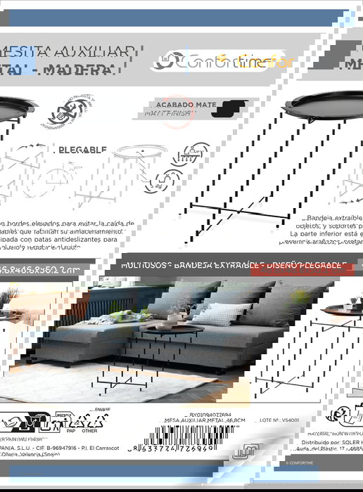 Confortime Mesa Auxiliar Metal 46.8 cm L 50.5 cm A 46.8 cm H 2.7 cm (4 Unidades)