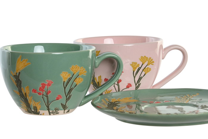 DKD Home Decor Conjunto de Taza y Platillo de Gres Floral Perfume Loving