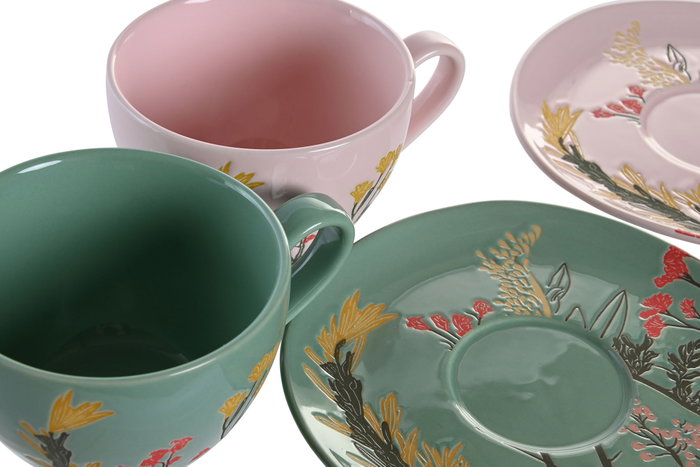 DKD Home Decor Conjunto de Taza y Platillo de Gres Floral Perfume Loving