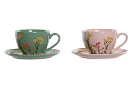 DKD Home Decor Conjunto de Taza y Platillo de Gres Floral Perfume Loving