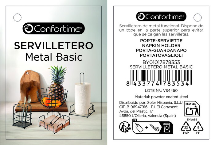 Inde Servilletero Metal Basic Confortime 19 cm Ancho x 7 cm Alto x 19 cm Largo (12 Unidades)