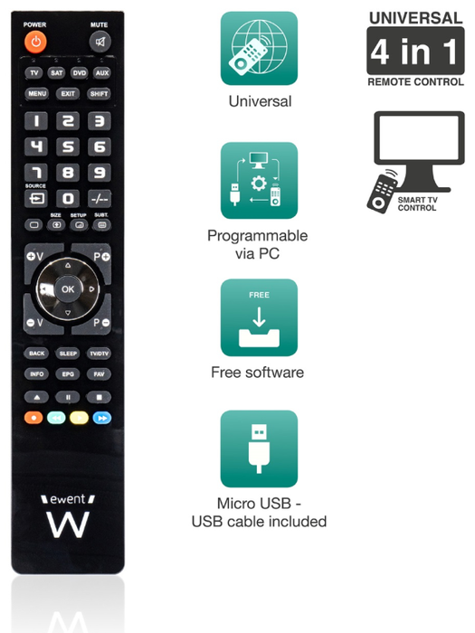 Ewent EW1570 Mando TV 4 en 1 Programable para Cable Ewent EW1570 Mando TV 4 en 1 Programable para Cable