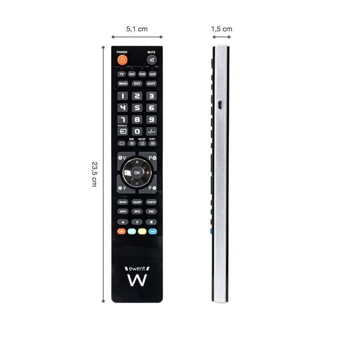 Ewent EW1570 Mando a Distancia Universal Programable 4 en 1 para TV, DTT, SAT, Blu-ray, Proyector, Barra de Sonido, Programable por Cable Micro USB a USB