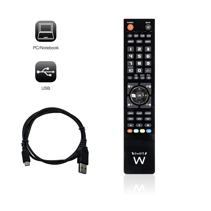 Ewent EW1570 Mando a Distancia Universal Programable 4 en 1 para TV, DTT, SAT, Blu-ray, Proyector, Barra de Sonido, Programable por Cable Micro USB a USB