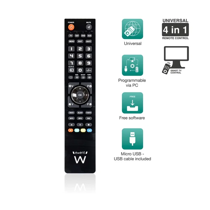 Ewent EW1570 Mando a Distancia Universal Programable 4 en 1 para TV, DTT, SAT, Blu-ray, Proyector, Barra de Sonido, Programable por Cable Micro USB a USB