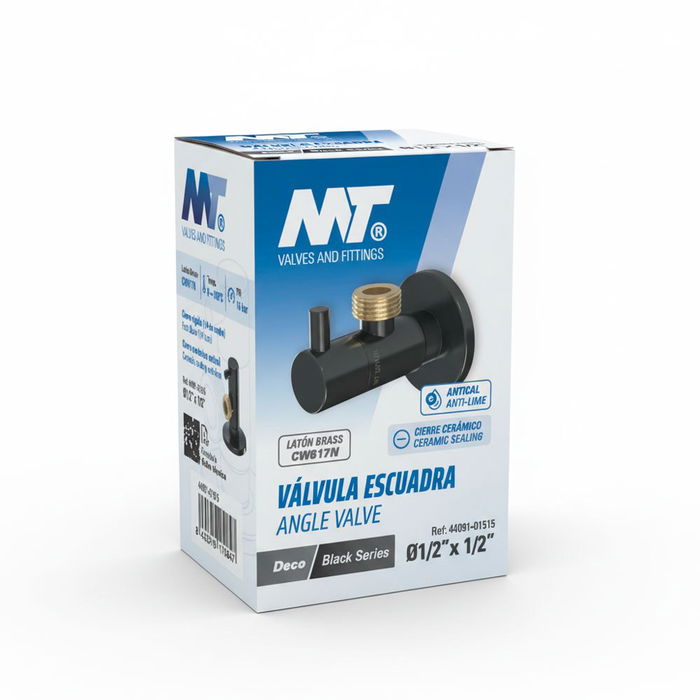 MT Válvula Escuadra Modelo Deco con Cierre Cerámico, Mando Redondo Antical, Negro, Roscas ½ x 3/8 Pulg MT Válvula Escuadra Modelo Deco con Cierre Cerámico, Mando Redondo Antical, Negro, Roscas ½ x 3/8 Pulg