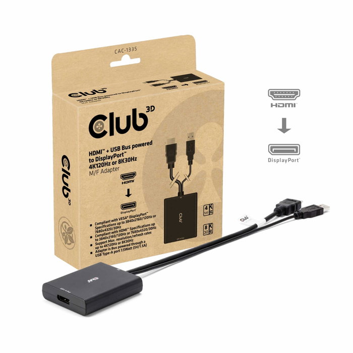 Club3D Adaptador HDMI + MicroUSB a DisplayPort 4K 120Hz Activo CAC-1335 Macho/Hembra Negro Club3D Adaptador HDMI + MicroUSB a DisplayPort 4K 120Hz Activo CAC-1335 Macho/Hembra Negro
