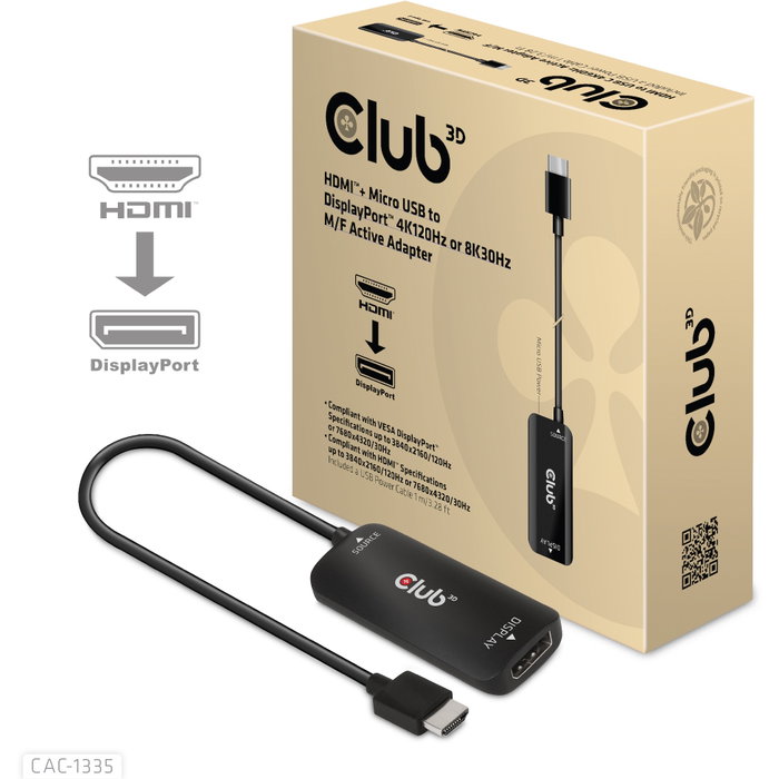 Club3D Adaptador HDMI + MicroUSB a DisplayPort 4K 120Hz Activo CAC-1335 Macho/Hembra Negro Club3D Adaptador HDMI + MicroUSB a DisplayPort 4K 120Hz Activo CAC-1335 Macho/Hembra Negro