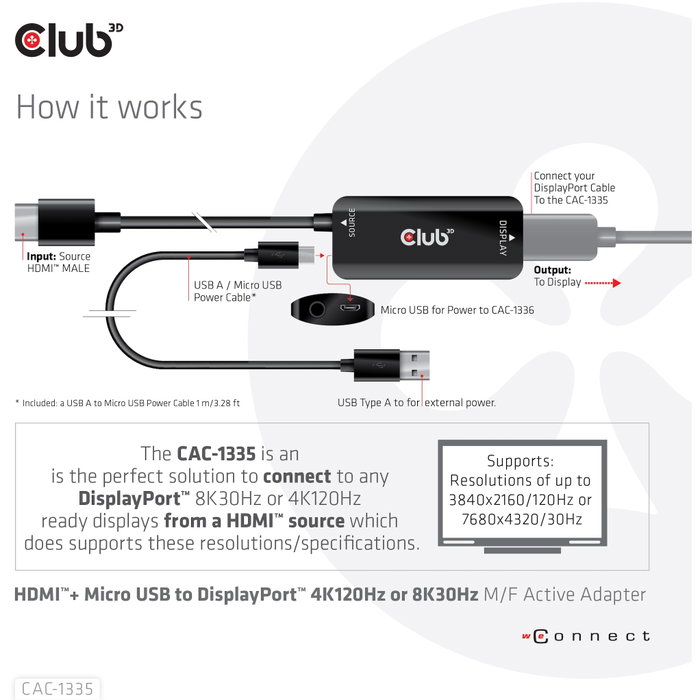 Club3D Adaptador HDMI + MicroUSB a DisplayPort 4K 120Hz Activo CAC-1335 Macho/Hembra Negro Club3D Adaptador HDMI + MicroUSB a DisplayPort 4K 120Hz Activo CAC-1335 Macho/Hembra Negro