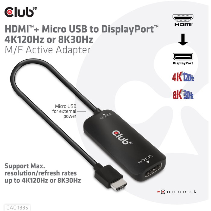 Club3D Adaptador HDMI + MicroUSB a DisplayPort 4K 120Hz Activo CAC-1335 Macho/Hembra Negro Club3D Adaptador HDMI + MicroUSB a DisplayPort 4K 120Hz Activo CAC-1335 Macho/Hembra Negro