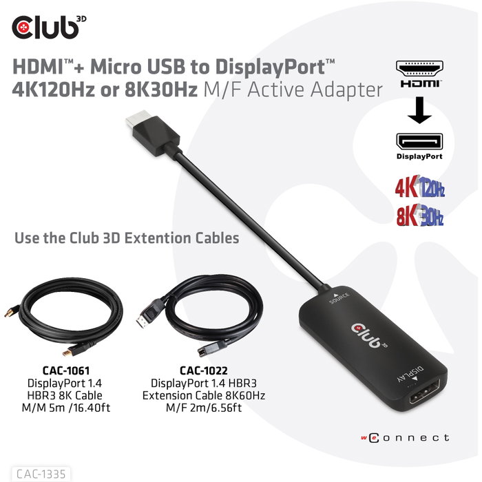 Club3D Adaptador HDMI + MicroUSB a DisplayPort 4K 120Hz Activo CAC-1335 Macho/Hembra Negro Club3D Adaptador HDMI + MicroUSB a DisplayPort 4K 120Hz Activo CAC-1335 Macho/Hembra Negro