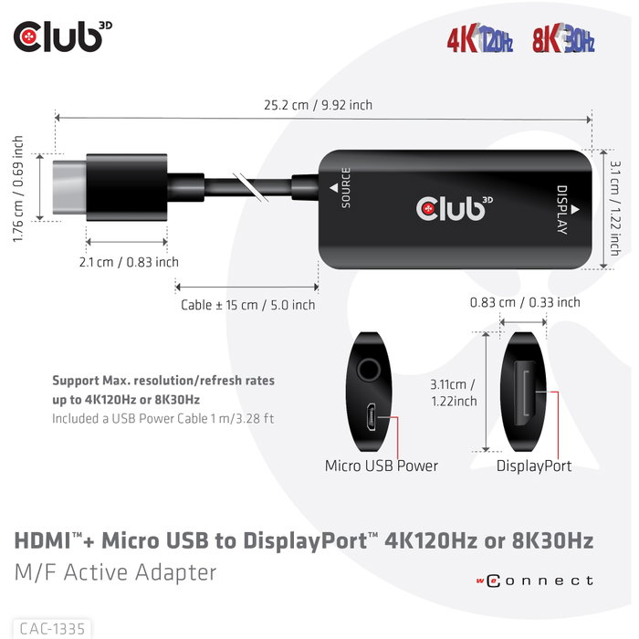 Club3D Adaptador HDMI + MicroUSB a DisplayPort 4K 120Hz Activo CAC-1335 Macho/Hembra Negro Club3D Adaptador HDMI + MicroUSB a DisplayPort 4K 120Hz Activo CAC-1335 Macho/Hembra Negro
