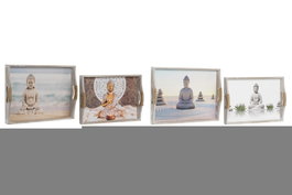 DKD Home Decor Set de 2 Bandejas de MDF con Diseño de Buda, 40x30x6 cm, Colores Surtidos